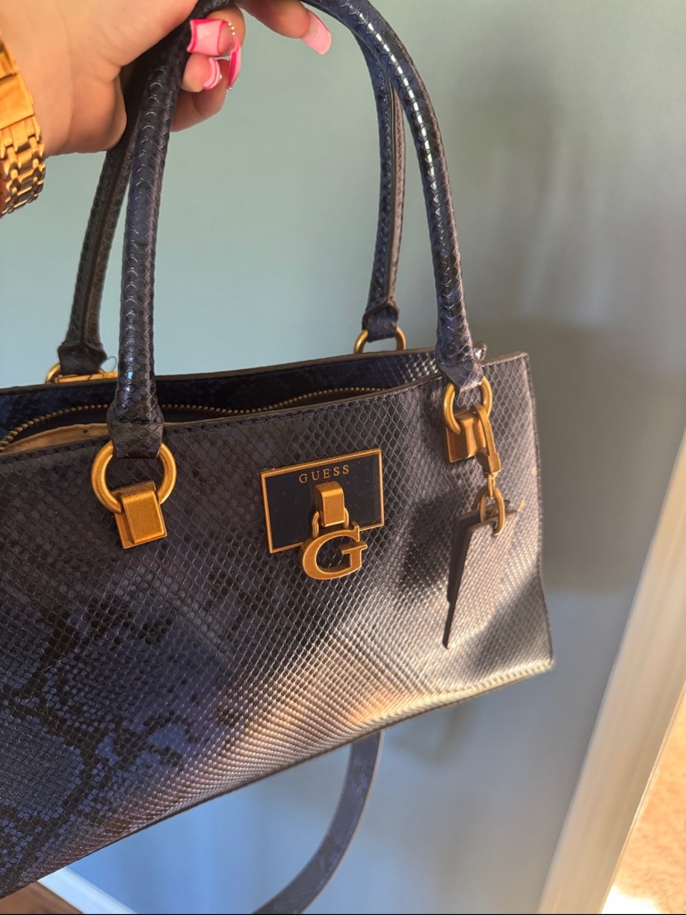 GUESS Navy Textured Satchel with Gold Hardware